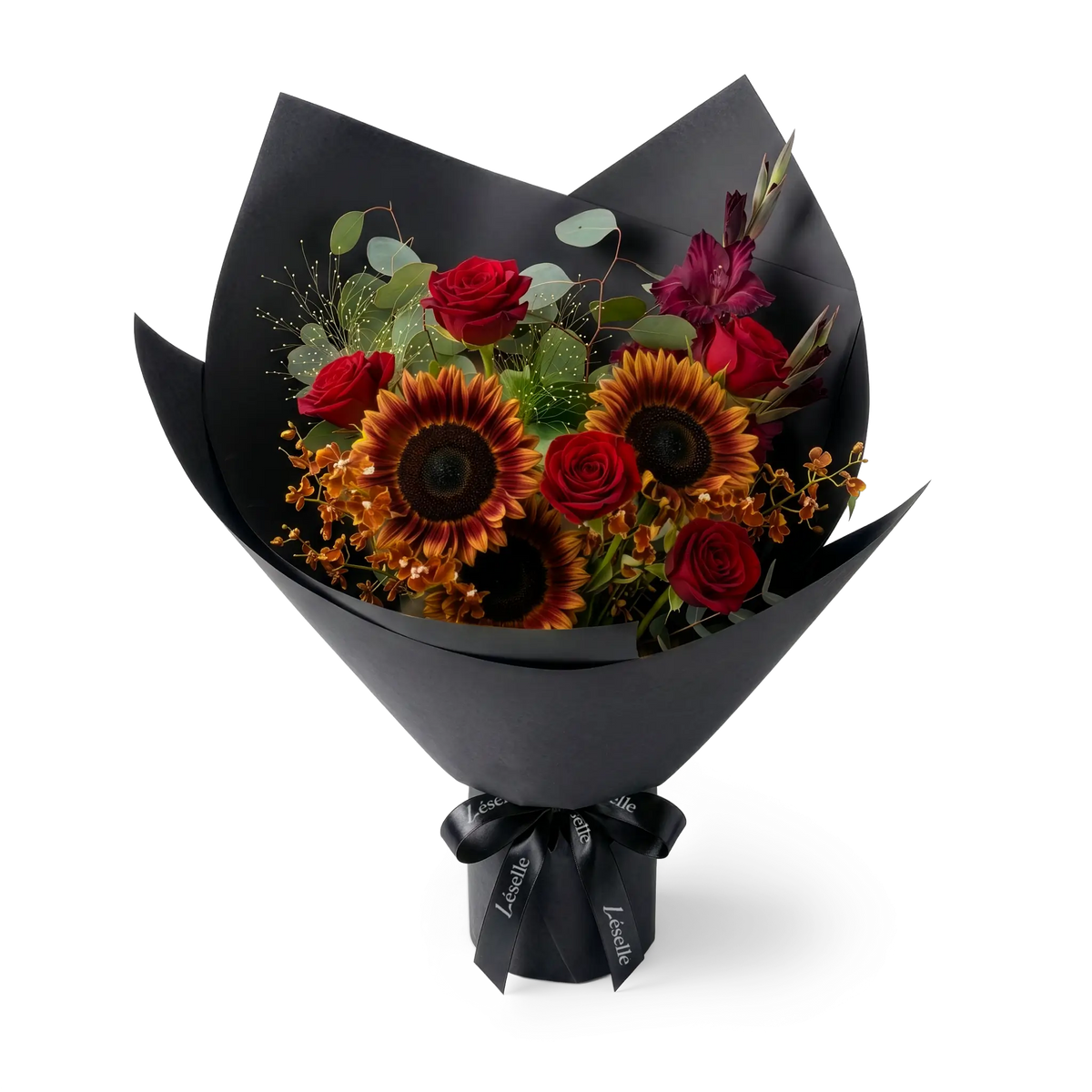 Amber Twilight Vintage Sunflower & Red Rose Bouquet