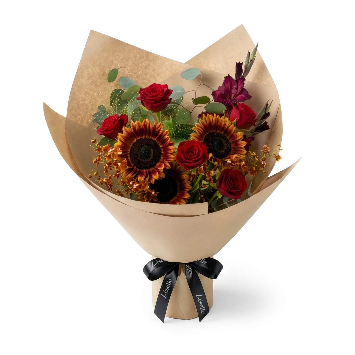 Amber Twilight Vintage Sunflower & Red Rose Bouquet