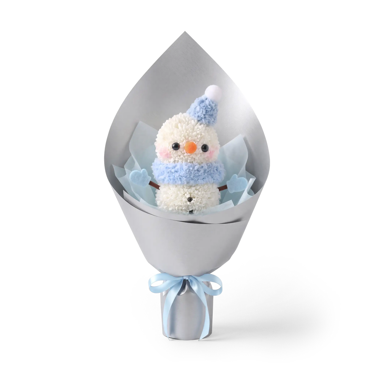 Winter Snowman Pompon Bouquet made of fresh white pompon chrysanthemums. This Christmas floral arrangement features a snowman with a pale blue hat and pale blue scarf, wrapped in silver paper.
