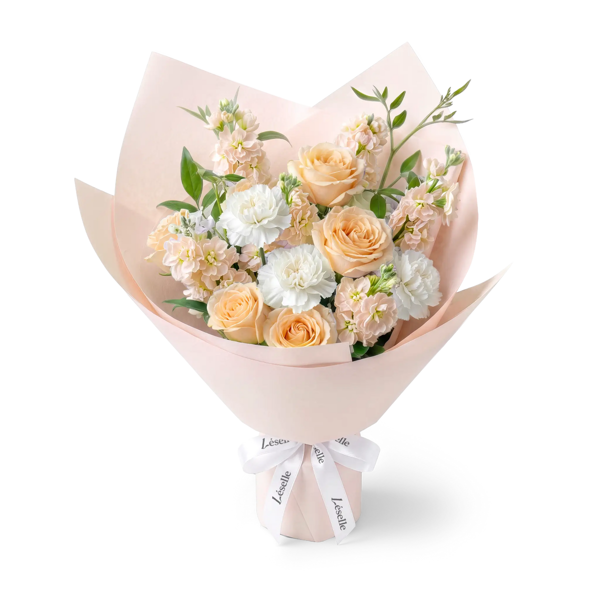 A fresh flower bouquet wrapped in white paper with a white ribbon, featuring champagne roses, white carnations, champagne stocks, and green foliage, set against a transparent background.