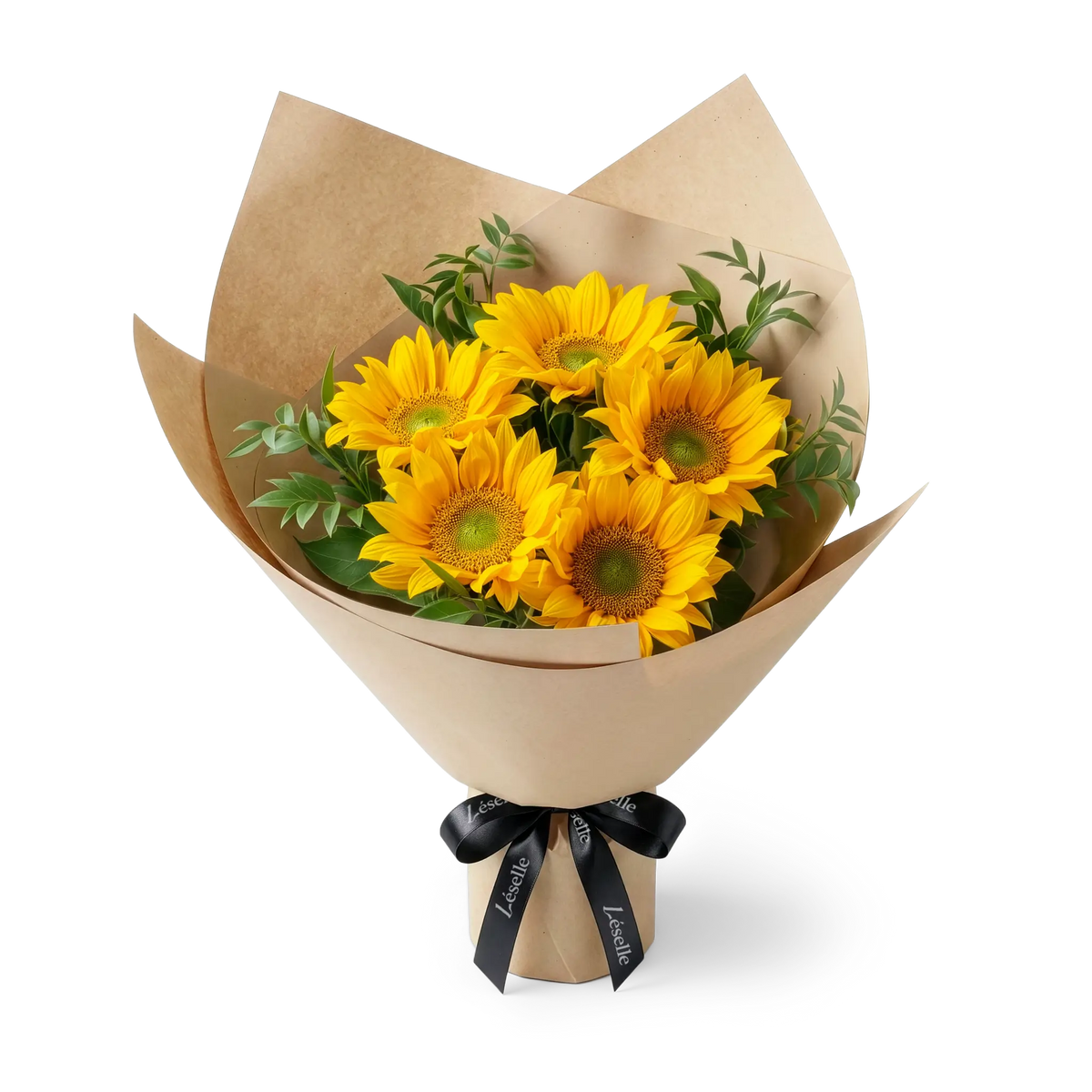 Bouquet of green-heart sunflowers wrapped in camel paper with a black ribbon on a transparent background