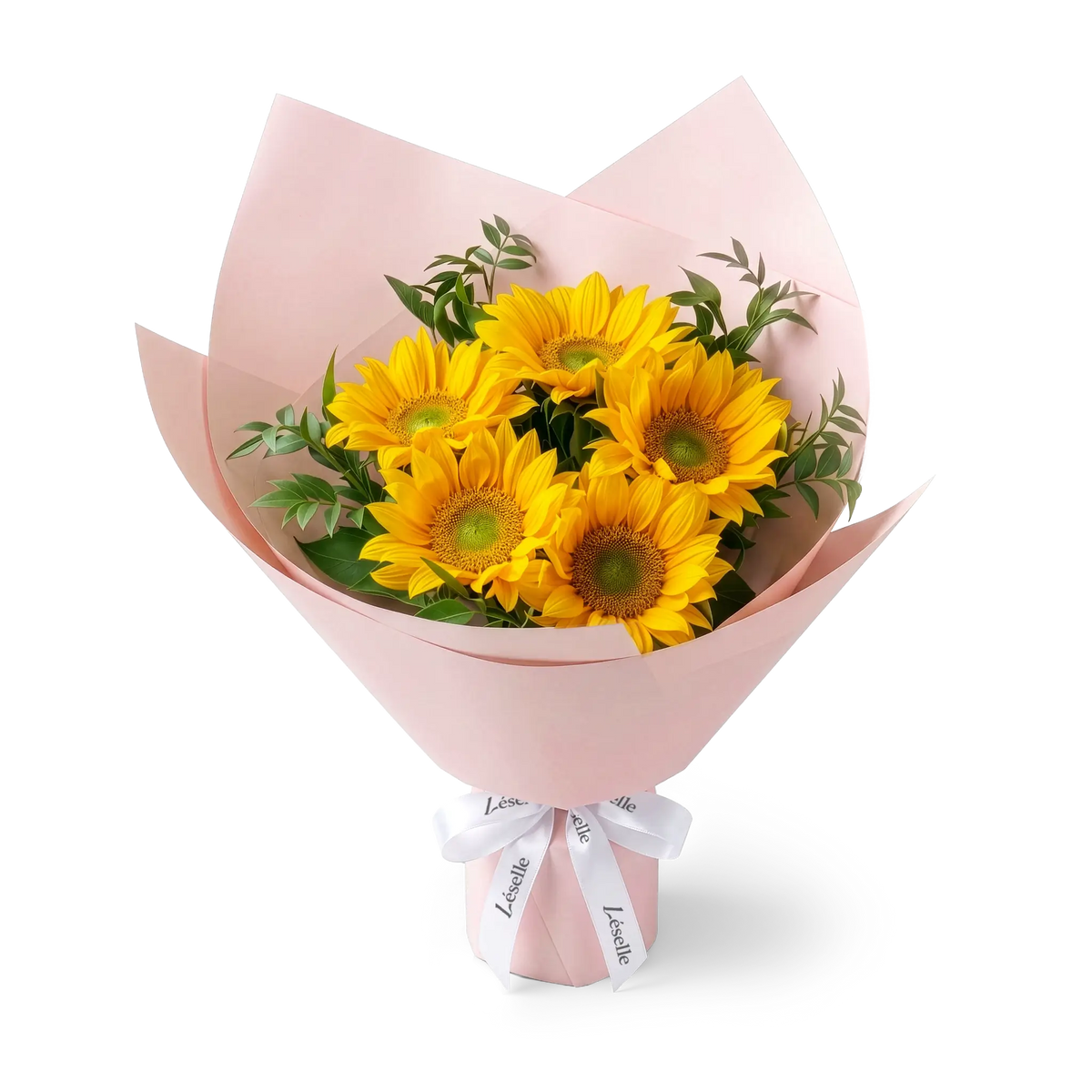 Bouquet of green-heart sunflowers wrapped in pink paper with a white ribbon on a transparent background
