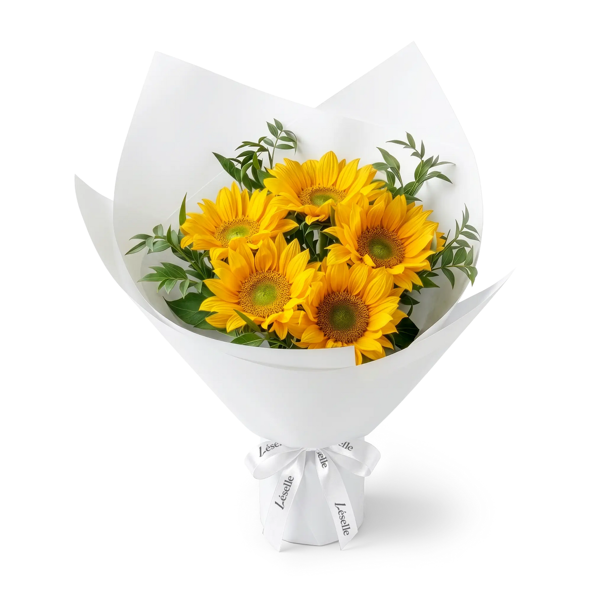 Bouquet of green-heart sunflowers wrapped in white paper with a white ribbon on a transparent background