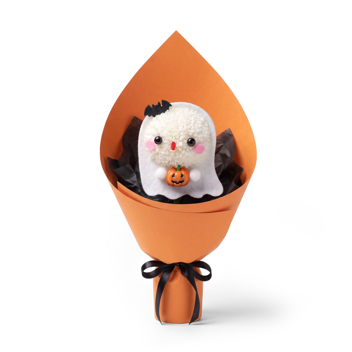 Halloween Ghost Pompon Bouquet made of a fresh white pompon chrysanthemum. This spooky-cute floral arrangement features a ghost holding a jack-o'-lantern, wrapped in orange and black packaging.