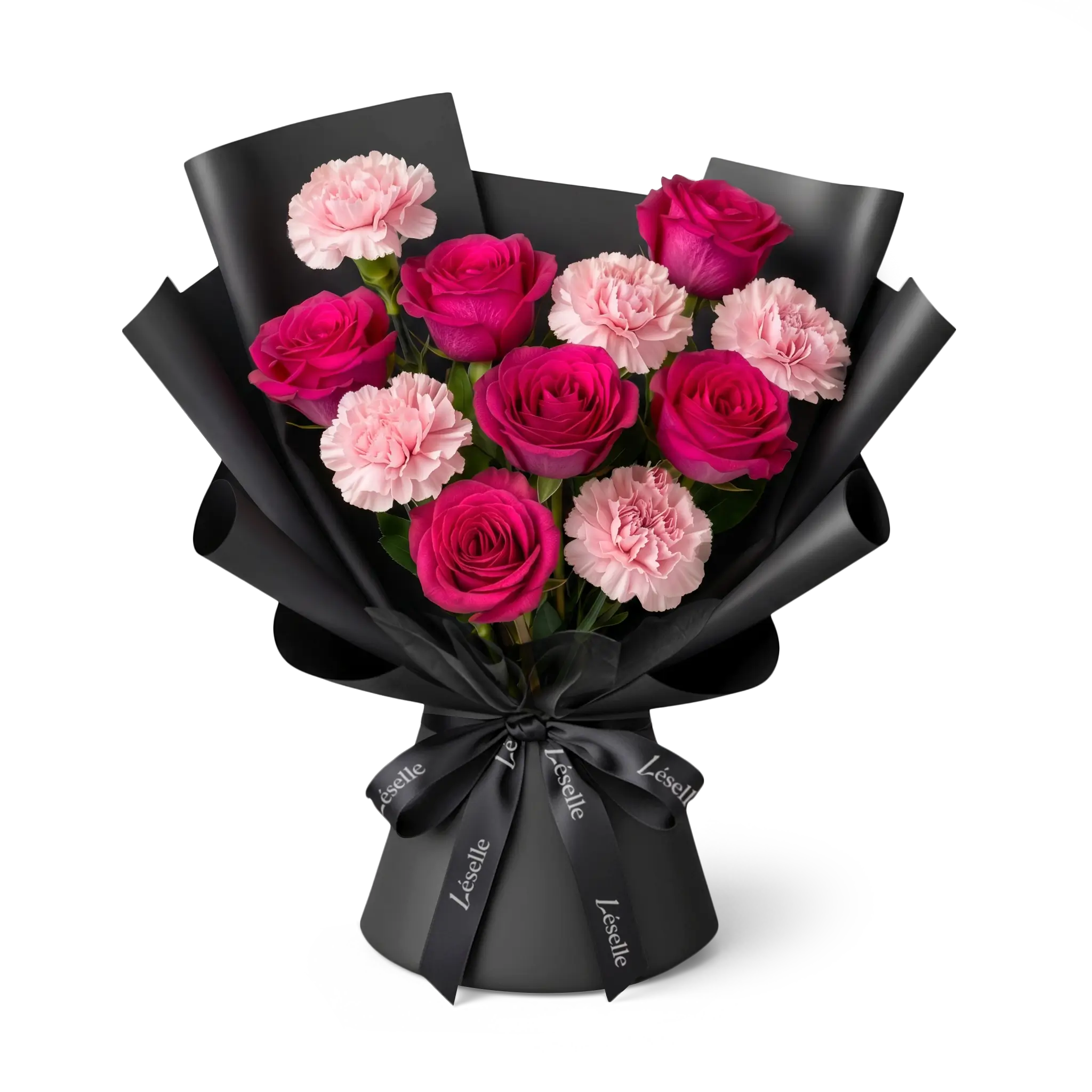 Bouquet of hot pink roses and blush carnations wrapped in black paper with a black ribbon on a transparent background
