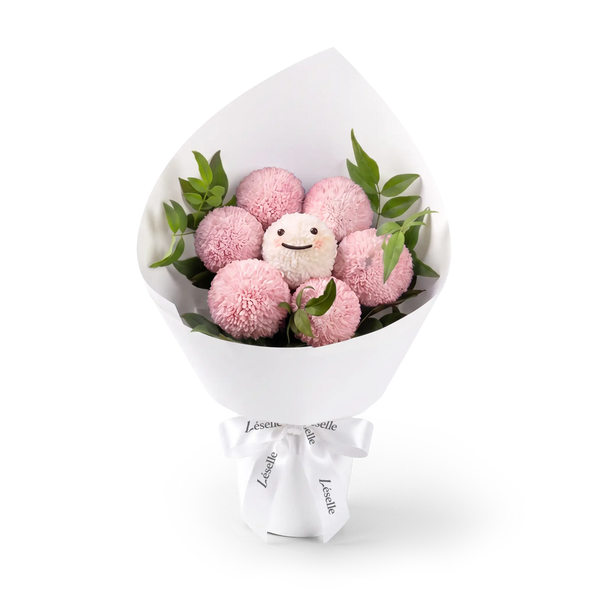 Bouquet of pink ping pong chrysanthemums wrapped in white paper with a white ribbon on a transparent background