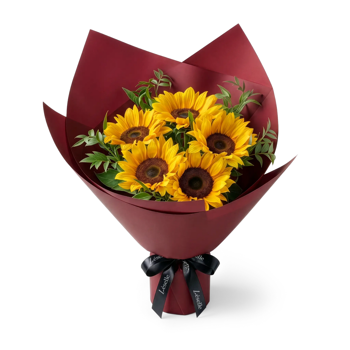 Bouquet of black-heart sunflowers wrapped in burgundy paper with a black ribbon on a transparent background