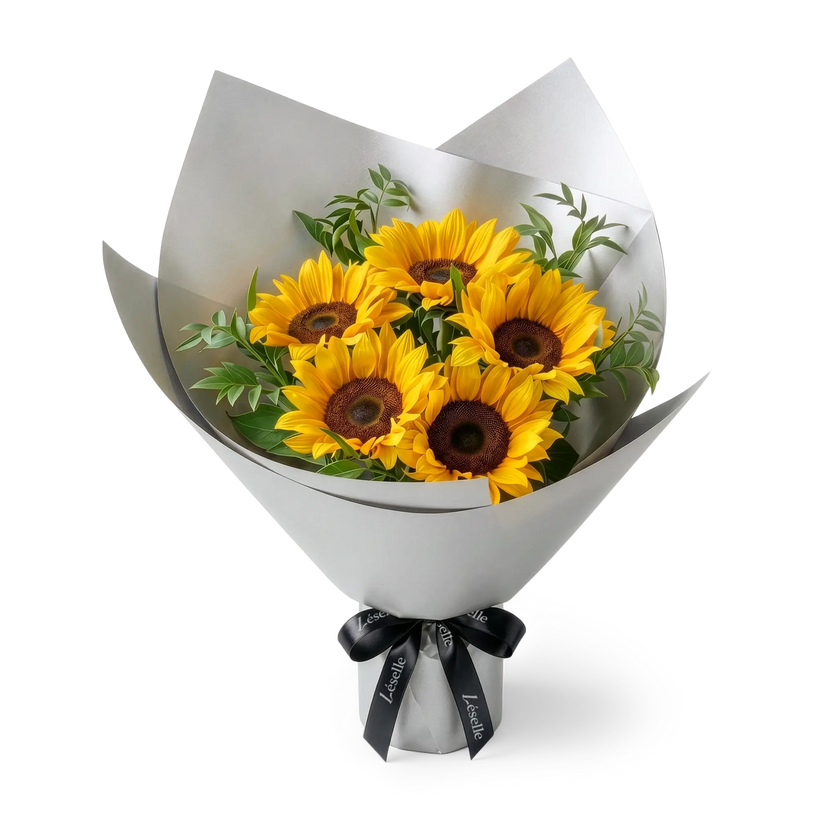 Bouquet of black-heart sunflowers wrapped in silver paper with a black ribbon on a transparent background