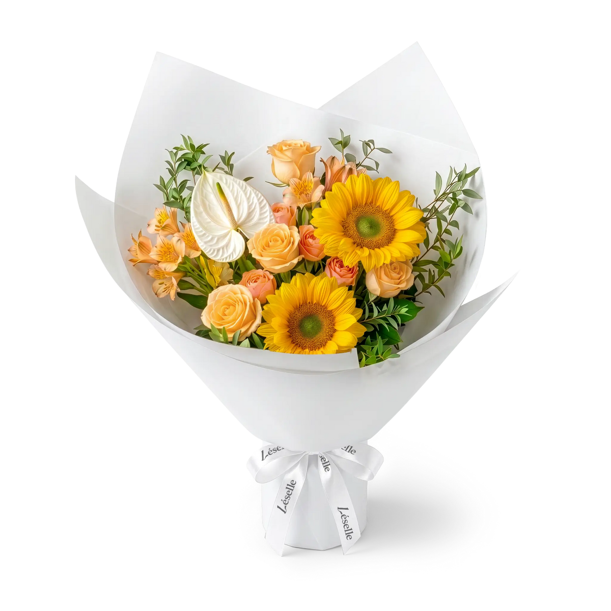 A wrapped flower bouquet featuring green-heart sunflowers, champagne roses, a white anthurium, and green foliage, wrapped in a white paper sleeve with a white ribbon, on a transparent background.