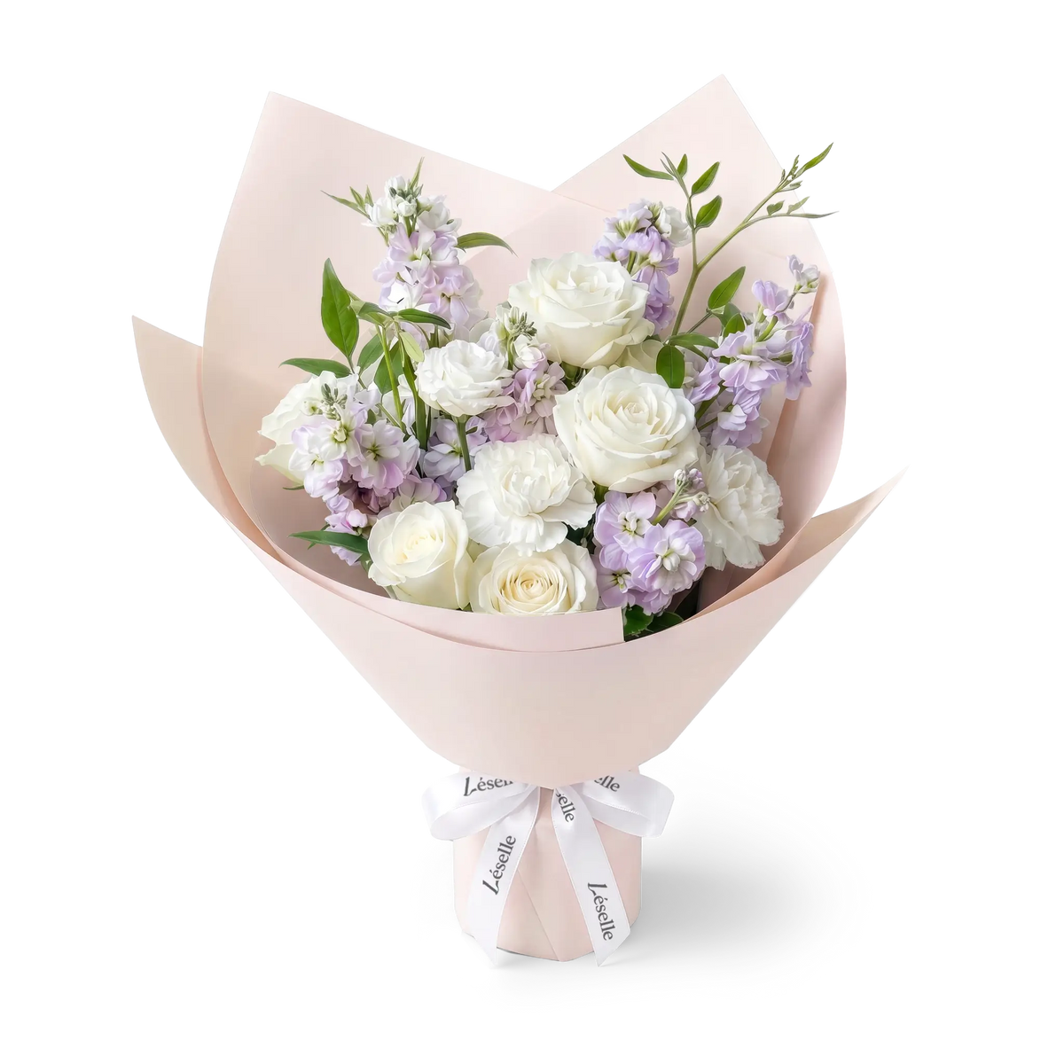 Serene White Rose & Lilac Stock Bouquet