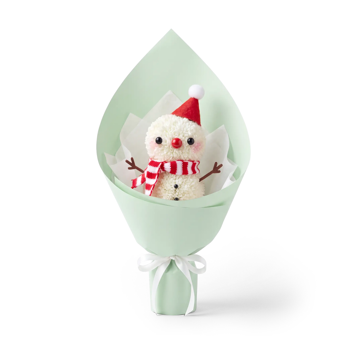 Winter Snowman Pompon Bouquet made of fresh white pompon chrysanthemums. This Christmas floral arrangement features a snowman with a red hat and striped scarf, wrapped in pale green paper.