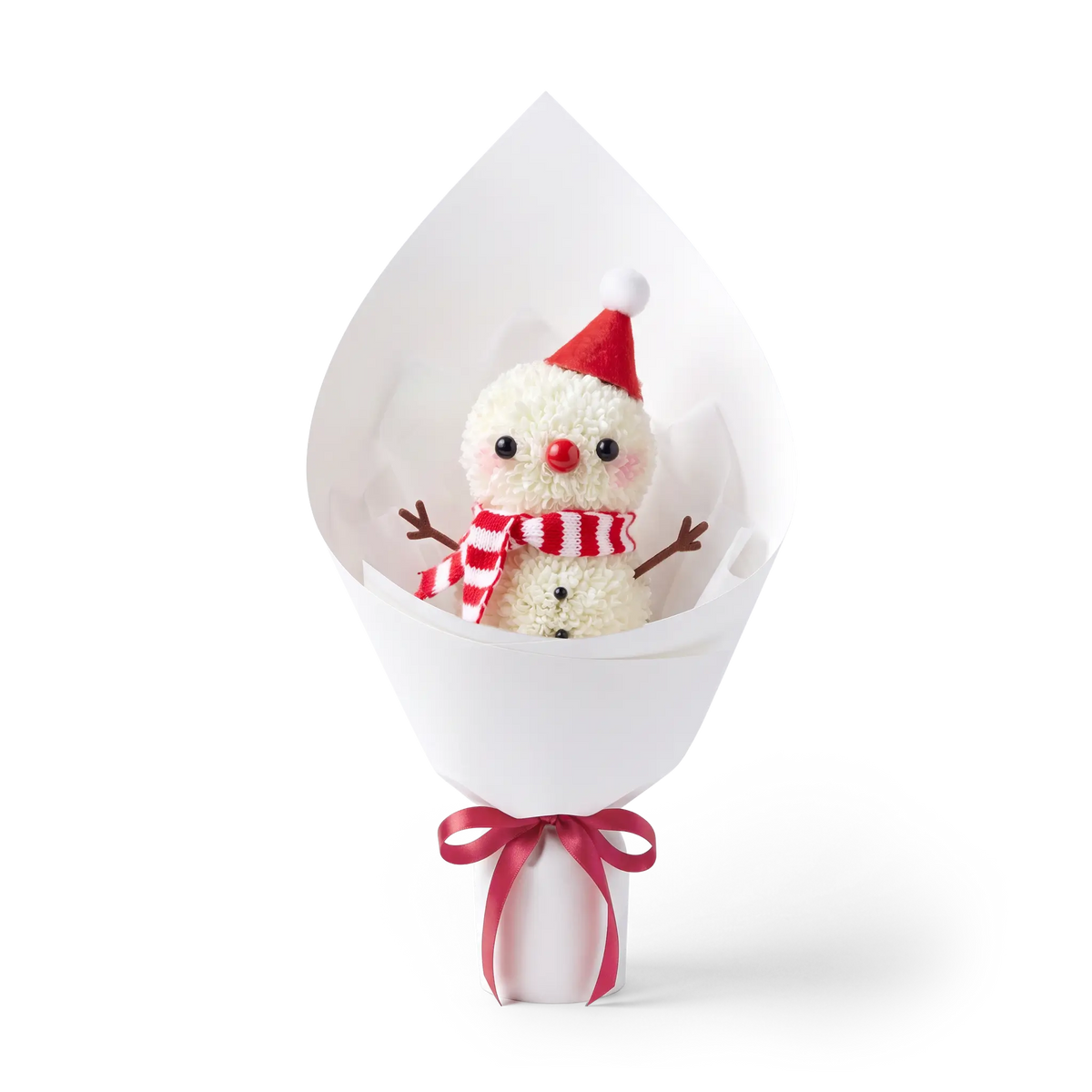 Winter Snowman Pompon Bouquet made of fresh white pompon chrysanthemums. This Christmas floral arrangement features a snowman with a red hat and striped scarf, wrapped in white paper.