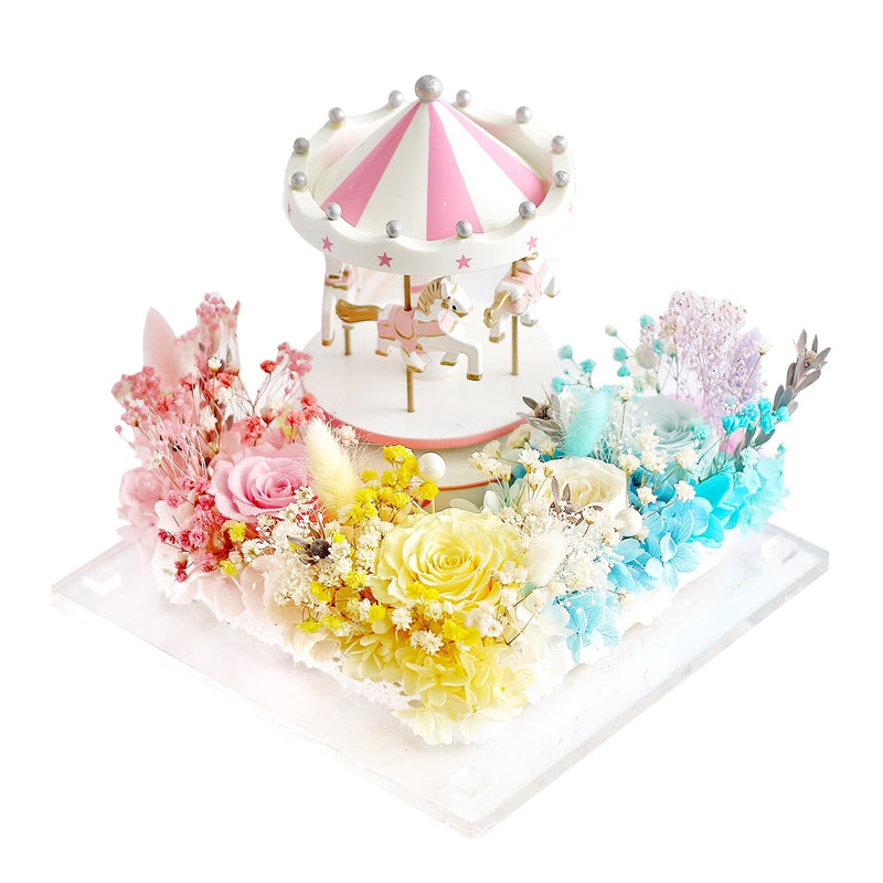 The Rainbow Carousel Music Garden - Yellow, Blue & Pink Preserved Roses