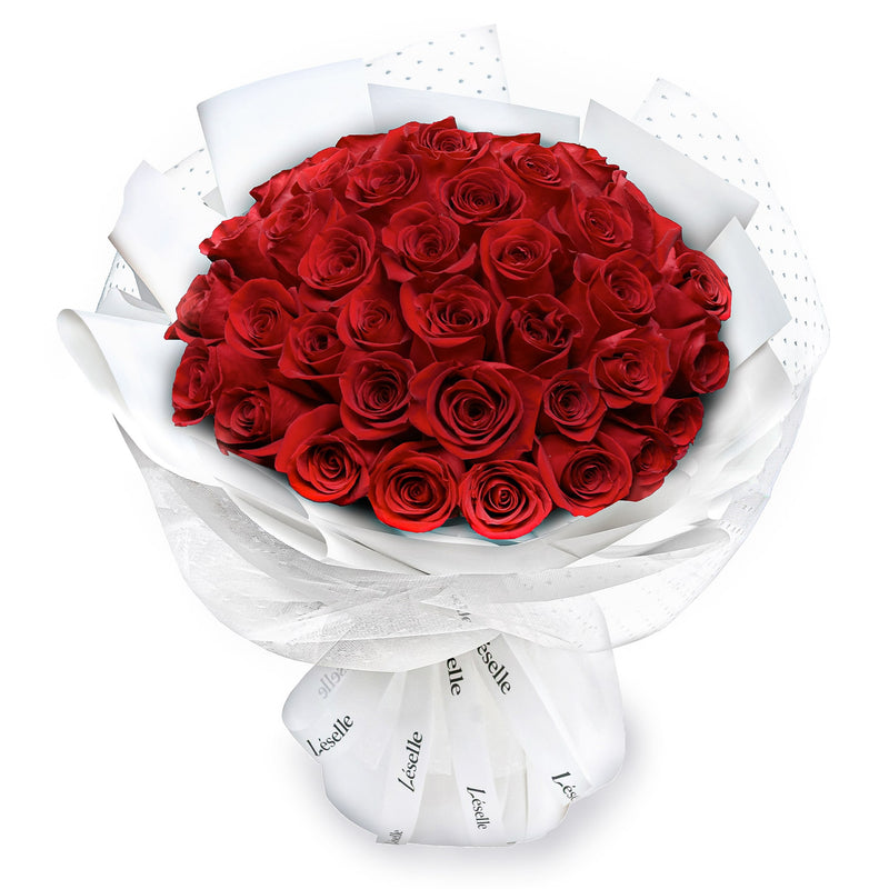 Fresh Flower Bouquet - Classic Red Roses (White Wrapper) - 33/50/99 Roses