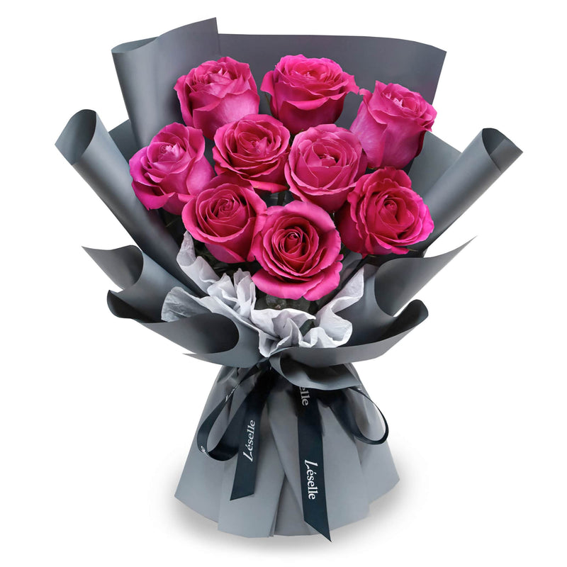 Fresh Flower Bouquet - Fuchsia Roses (Grey Wrapper) - 9/11 Roses